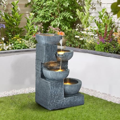 4 Tiered Waterfall Fountains, Outdoor Water Fountains with LED Lights, Garden Outside Brick Waterfalls, Modern Cascading Flow Fountain for Garden, Yard, Patio, Home Decor (Grey) by Unknown