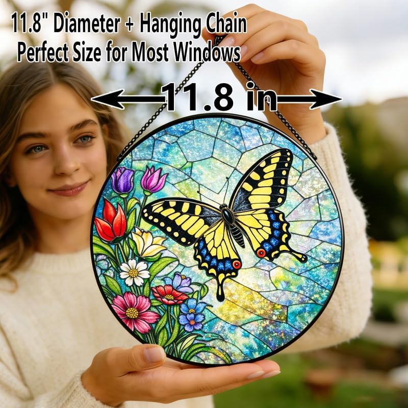 Stained Glass Window Hanging Suncatcher 11.8 in Butterfly and Wildflower Design Colorful Glass Panel Sun Catcher for Window,Window Hanging Decor for Home,Housewarming Gift - Image 6