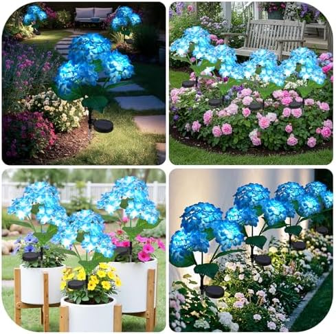 Solar Garden Lights 4 Pack, LED Blue Hydrangea Waterproof Auto On/Off - Image 5