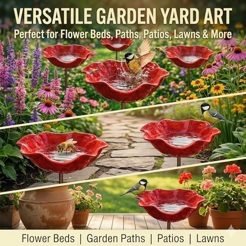 (4pcs) Handmade Metal Flower Garden Stakes Bird Bath for Outside, Weather-Resistant Metal Bird Bath for Outdoors Mini Pollinator Bird Baths for Garden，Metal Garden Flowers Outdoor Decor Stake(Purple) - Image 6