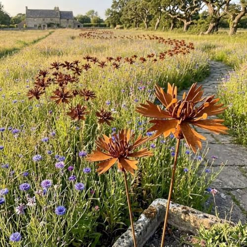 Rusty Metal Garden Stakes, 2PCS Rustic Flower Yard Art, Weather Resistant Metal Garden Decor for Flower Beds, Cottage Garden, Lawn, Patio and Planters - Image 6