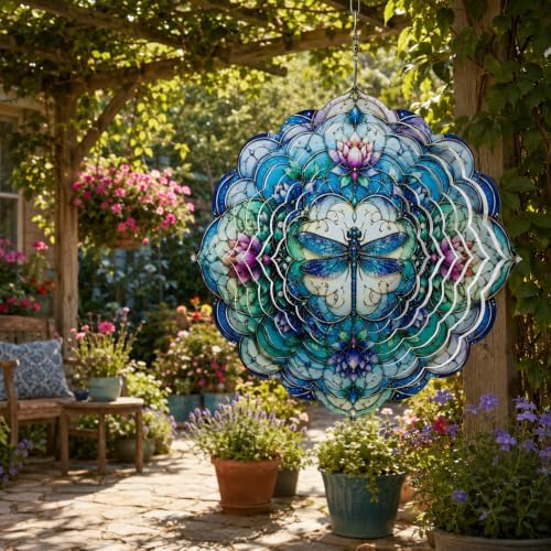 Shwing 12 Inch Dragonfly Wind Spinner Lotus Flower Hanging Decor Blue Purple Mandala Metal Ornament Outdoor Kinetic Garden Art 3D Wind Spinner for Patio Porch Backyard Decoration - Image 6