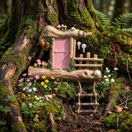 Sliner Fairy Door for Trees Outdoor Resin Fairy Garden Door, Pink - Image 3