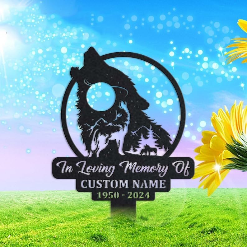 DINOMAN Personalized Memorial Plaques for Outdoors Mountain Night Scene Wolf Grave Marker Metal Garden Stakes Wolf Lover Memorial Gifts Sympathy Gifts for Loss of Loved One (Wolf) - Image 2