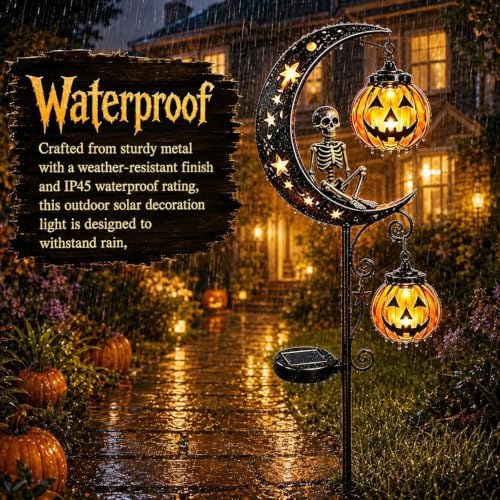 Solar Halloween White Ghost & Pumpkin Moon Garden Stake Light, Outdoor Waterproof Yard Decoration with Crescent Moon, Decorations with Pumpkins Lantern for Patio, Yard, Lawn, Pathway (Ghost) - Image 3