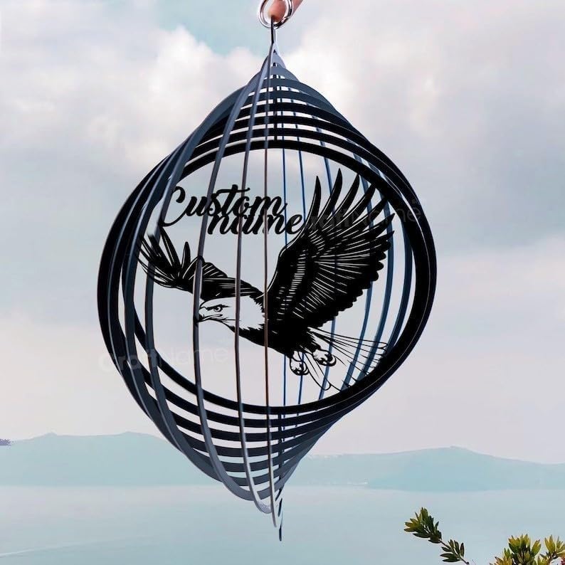 Personalized Eagle Metal Wind Spinner, Custom Bird Hanging Yard Art, Patriotic Outdoor Decor (Eagle Garden Wind Spinner) by Linktee