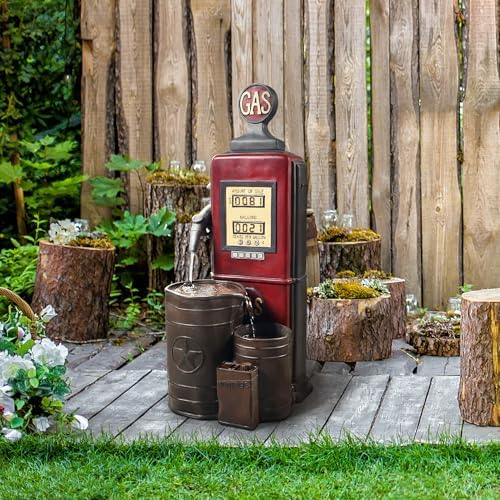 Peaktop Teamson Home Vintage Gas Station Statue 3 Tiered Floor Waterfall Fountain with Pump for Outdoor Patio Garden Backyard Decking, 42 Inch Height, Dark Red - Image 2