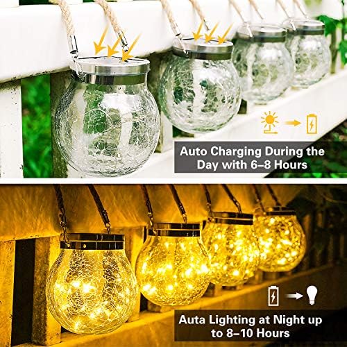 2 Packs Hanging Outdoor Solar Lanterns Decorative Lights 30 LED Waterproof Cracked Glass Jar Garden Lights for Court Yard Patio Pathway - Image 2