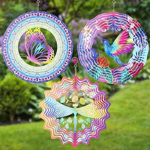 3 Pack Stainless Steel Wind Spinner Butterfly Dragonfly Hummingbird for Yard and Garden 12 Inch 3D Metal Wind Spinner Hanging Outdoor Porch Decor Art Kinetic Sculptures for Indoor Outdoor Decorations by Maitys
