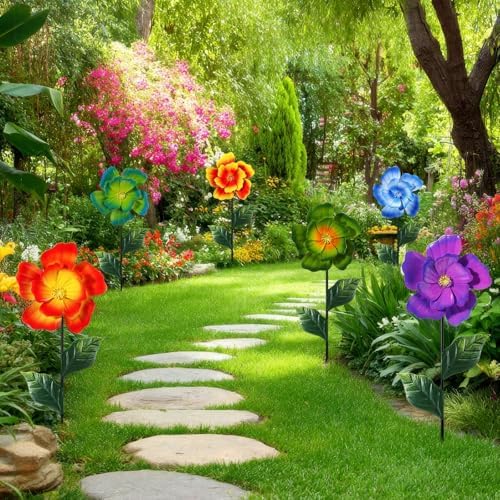 Suncalla 6 Pcs Metal Flowers Stakes Garden Decor for Outside 24 Inch Colorful 3D Hibiscus Flowers Yard Art Decor for Spring Outdoor Lawn Porch Pathway Patio Decoration - Image 6