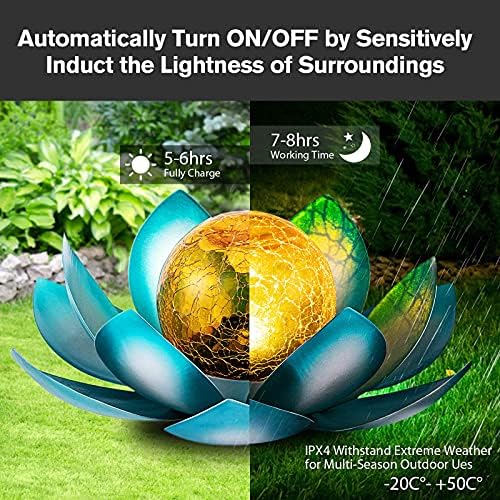 AIINY Solar Light Outdoor, Art Crackle Globe Glass Lotus Decoration, Solar LED Waterproof Blue Metal Flower Lights for Patio,Lawn,Walkway,Tabletop(2Pack) - Image 3