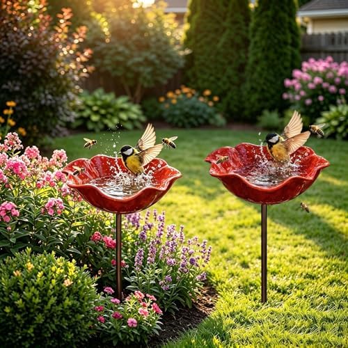 Handmade Metal Flower Garden Stake Bird Bath, Bee Watering Station with Colorful Butterfly & Flower Design – Decorative Bee Feeder Bowl for Outdoor Yard, Garden Decor (2pc) by Unknown