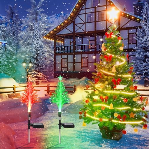Baquler 6 Pack Solar Christmas Tree Garden Stake Lights Outdoor Waterproof Color Changing Christmas Lighted Yard Decorations Optical Fiber Xmas Pathway Lights for Lawn Patio Cemetery(Red, Green) - Image 6