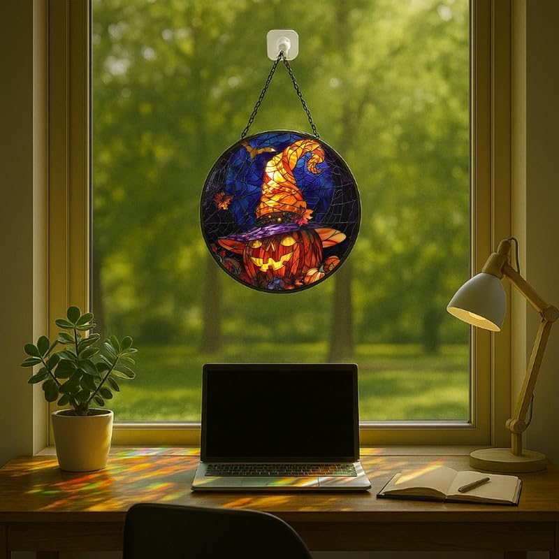 Stained Glass Window Hanging - 11.8in Halloween Pumpkin with Witch Hat and Autumn Leaves Sun Catchers Panel for Indoor Decorative Display for Mom, Wife, Lovers, Festive - Image 5