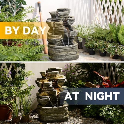 24.2" H Rock Cascading Water Fountain Outdoor&Indoor, 6-Tier Garden Naturefalls Fountains, Floor-Standing Waterfall with Lights for Patio, Backyard, Deck, Porch, Home DéCor, Stone Gray - Image 4