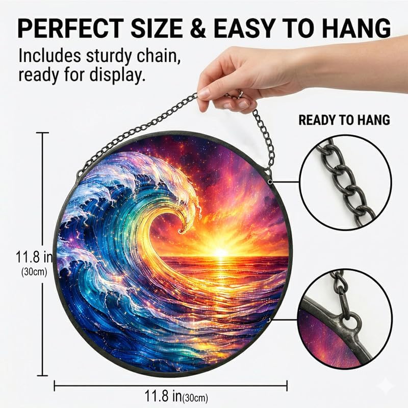 Stained Glass Window Hanging - 11.8" Ocean Wave and Sunset Suncatcher Glass Panel, Home Decorative Hanging Ornament for Kitchen or Garden, Ideal Gift for Mother, Wife or Women - Image 3