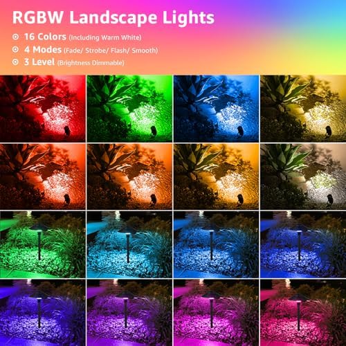 SUNVIE RGBW Landscape Lighting Kit 12V Low Voltage Landscape Lighting with Connectors, Color Changing Low Voltage Pathway Lights Wired with Spotlights Waterproof for Holiday Patio Garden Yard,12 Pack - Image 2