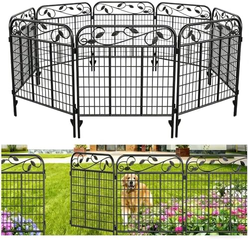 AMAGABELI 4 Panels 44 in(H )X 12 ft(L) Decorative Garden Fence Gate,Dog Fence Outdoor for Yard,Rustproof Tall Garden Fencing Animal Barrier Metal Wire Panel Border with Leaves for Flower Bed Black by AMAGABELI+GARDEN+%26+HOME
