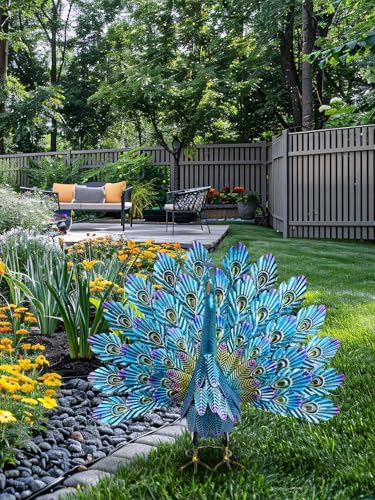 YEAHOME Garden Decor Outdoor Statues, 22.4" Large Metal Peacock Standing Yard Art, Blue Green Bird Lawn Sculptures Garden Decor for Outside Patio Porch Backyard - Image 3
