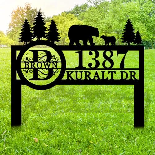 Custom Bear Wildlife Decor, House Number Signs with Metal Stake, Personalized Street Sign, Custom Yard Address Signs, House Address Numbers for Lawn Garden Ground, Housewarming Present by MBKJCUSTOM