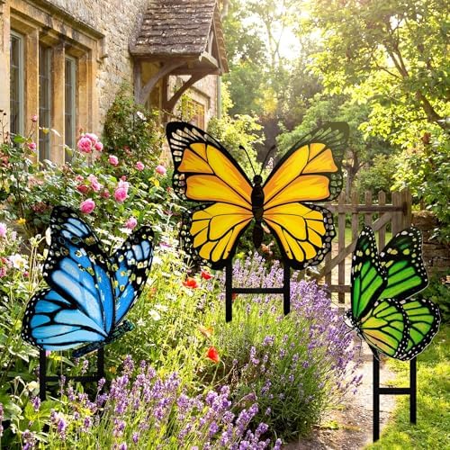 3 Pcs Green Yellow Blue Butterfly Metal Garden Stakes Spring Yard - Image 5