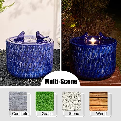 Glitzhome 14.75”H Outdoor Ceramic Garden Water Fountain with LED Lights and Pump, Two Birds Embossed Leaf Pattern Patio Fountain Floor Standing Bird Bath Fountains for Porch Deck Backyard, Cobalt Blue - Image 3