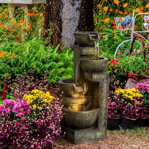 Outsunny Outdoor Fountain 4-Tier Stone Look Bowls Cascading Waterfall Gray - Image 2