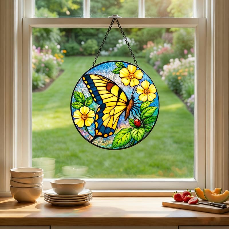 Stained Glass Window Hanging Suncatcher 11.8 in Butterfly and Yellow Flower Colorful Glass Panel Sun Catcher for Window,Bright Nature Window Hanging Decor for Home,Housewarming Gift - Image 4