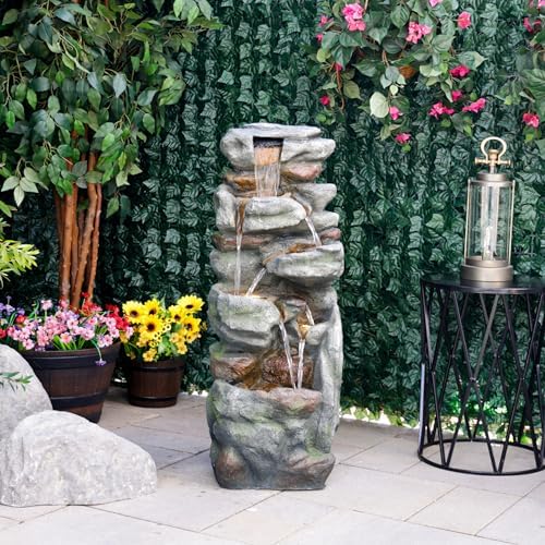 Alpine Corporation 39" Tall Outdoor Mult-itiered Elegant Rock Look Waterfalls Floor Fountain with LED Lights, Gray - Image 3