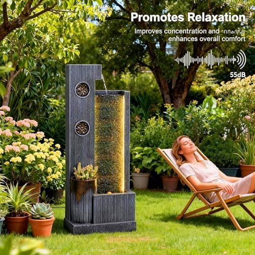 37" H Modern Indoor Water Fountains - Rectangular Outdoor Waterfall Fountain with LED Lights and Pump and Sculpted Flowers for Office, Living Room, Bedroom, Garden and Home Art Decor - Image 4