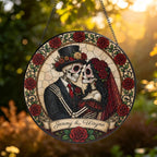 Personalized Skeleton Couple Stained Glass Suncatcher, Gothic Wedding Skull Window Hanging Decor with Name, Romantic Love Sun Catcher Couples Anniversary Wedding Gift for Halloween Gothic Décor 11.81" - Image 3