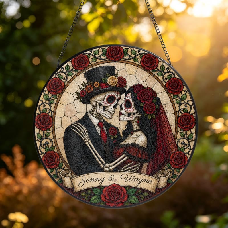 Personalized Skeleton Couple Stained Glass Suncatcher, Gothic Wedding Skull Window Hanging Decor with Name, Romantic Love Sun Catcher Couples Anniversary Wedding Gift for Halloween Gothic Décor 11.81" - Image 3