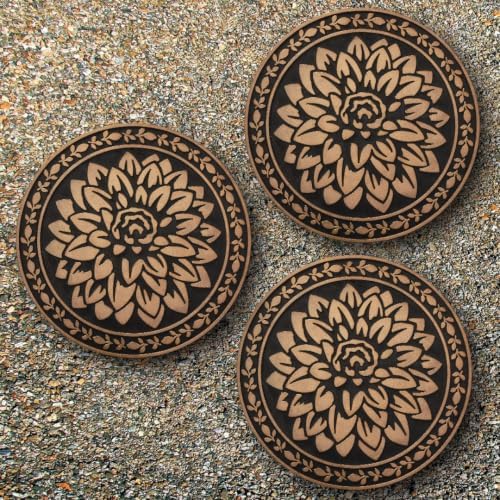 HF by LT Deluxe Rubber Stepping Stone, Dahlia Design, Heavy Duty 13" All-Weather Garden Tile, Black with Brushed Brass Finish, Set of 3 - Image 4