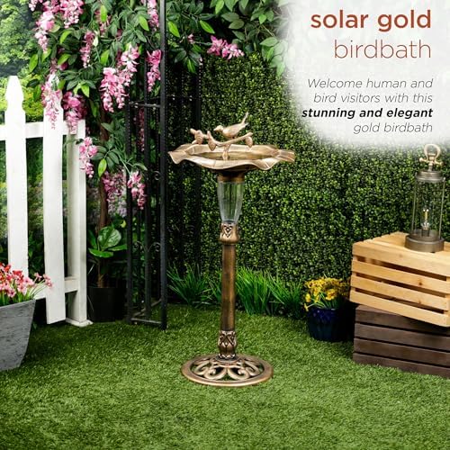 Alpine Corporation TEC316SLR Solar Birdbath with Birds and LED Light, LED Decor for Patio, Lawn & Garden, 41" H, Gold - Image 4