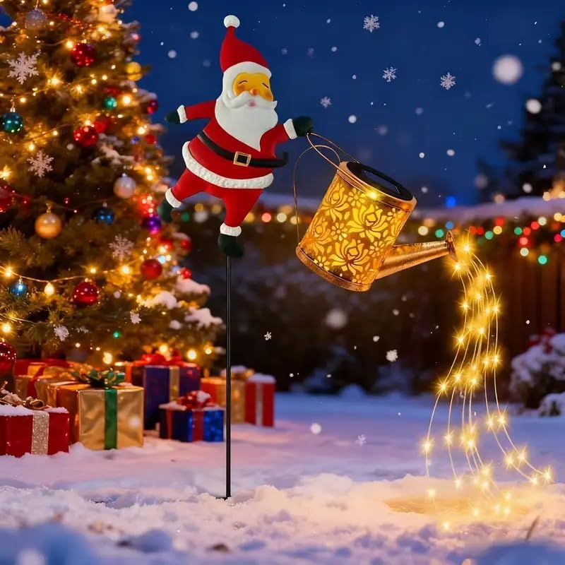 Christmas Santa Solar Kettle Lights, Solar Garden Watering Can Lights with Cascading Lights, Waterproof Hanging Metal Outdoor Lantern Decorations for Garden Patio Porch Yard (Warm) - Image 4