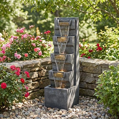 39.4" Outdoor Water Fountain, Tall 4-Tier Cascading Waterfall Fountain with Warm LED Lights, Stone-Look Resin Water Feature with Quiet Pump for Patio Garden Porch Entryway Backyard Decor - Image 3