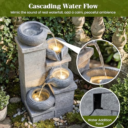 Giantex 4-Tier Water Fountain Outdoor, 23 Inch Cascading Bowls Waterfall Fountain with Warm LED Lights & Pump, Outside Zen Water Feature for Patio, Balcony, Deck, Garden, Yard Decor - Image 6