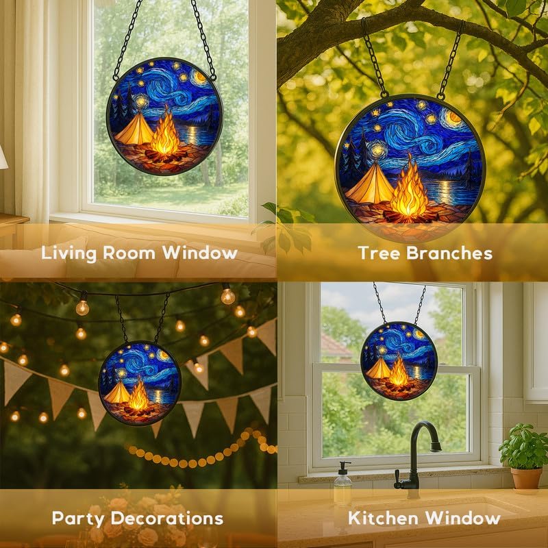 Stained Glass Window Hanging，Starry Night Camping Scene 11.8in Sun Catchers Indoor Window, Home Decor Inside and Outside the Cottage, Gifts for Women - Image 5