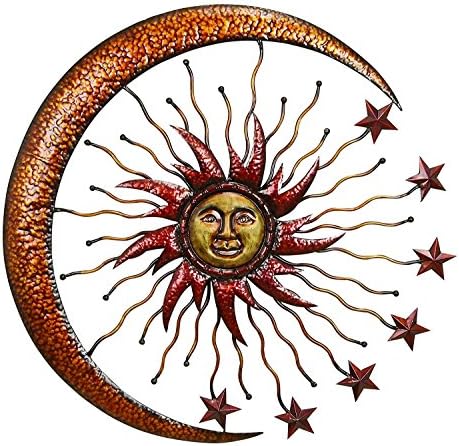 Bellaa Metal Wall Art Sun Moon Stars Celestial Indoor Outdoor Hanging Garden 3D Sculpture Retro Plaques Home Decor Large 36 inch by Bellaa