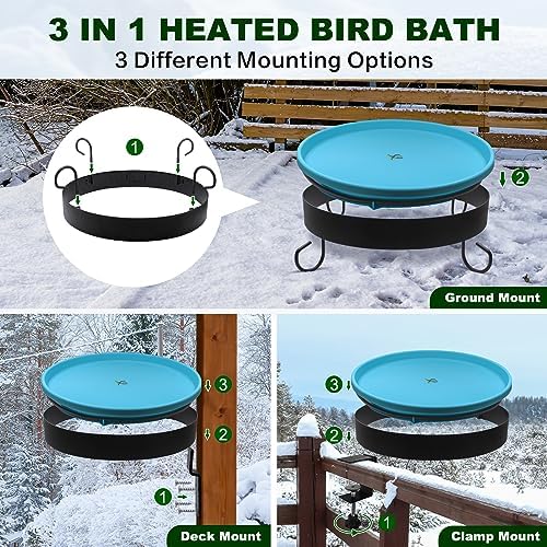 Heated Bird Bath for Outdoors for Winter, 3 Easy Ways to Mount Detachable Bird Bath Bowl, 75W Heated Bird Baths with Thermostatically Controlled for Garden Yard Patio Lawn, Blue - Image 3