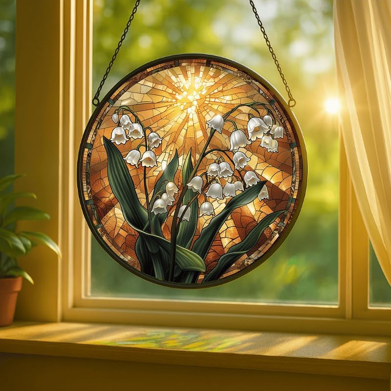 Stained Glass Window Hanging Lily of The Valley with Sunburst 11.8in Floral Sun Catcher, Vintage Rustic Home Decor - Image 2