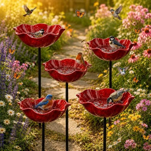 Handmade Metal Flower Bird Bath, Bee & Butterfly Watering Station, Decorative Outdoor Garden Stake with Vibrant Glossy Bowl for Yard Patio Lawn Planter by Unknown