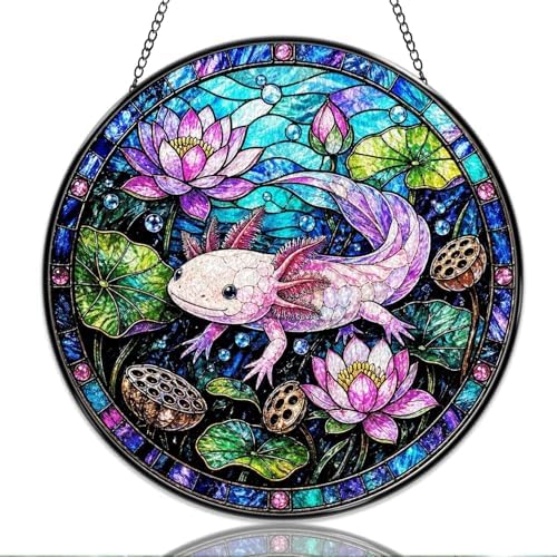 9.84 Inch Stained Glass Window Hanging Axolotl and Lotus Pond Sun Catchers Aquatic Animal Art Glass Suncatchers for Home Porch Garden Indoor & Outdoor Decor by Unknown