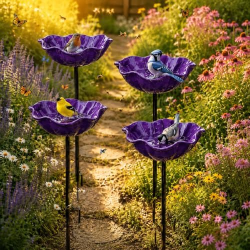 Handmade Metal Flower Bird Bath, Bee & Butterfly Watering Station, Decorative Outdoor Garden Stake with Vibrant Glossy Bowl for Yard Patio Lawn Planter by Unknown