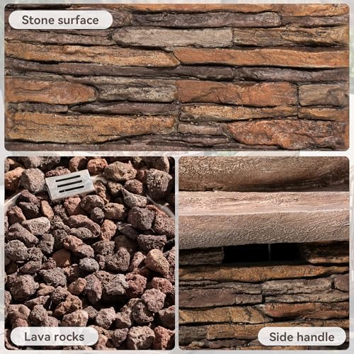 COSIEST Outdoor Propane Fire Pit Table w Faux Brown Compact Ledge Stone 20" Square Base and Faux Rose-Marble Round Bowl, Certified, 40,000 BTU, Free Lava Rocks, Fits 20lb Tank Inside, Raincover - Image 3