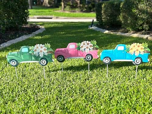 Garden Stake Vintage Truck W Flowers Metal Colorful Lawn Yard Entry Spring Summer Outdoor Decor Home Business 18"x18" (Pink Truck) - Image 6