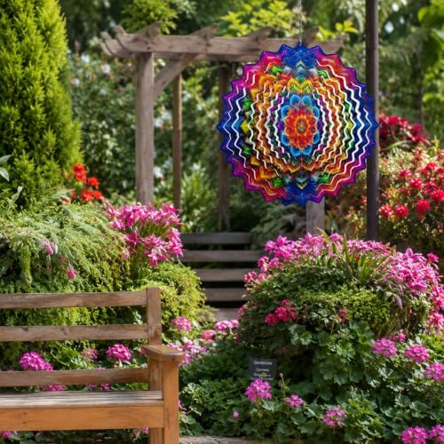 Shwing 12 Inch Rainbow Mandala Wind Spinner Colorful Boho Hanging Decor Vibrant Metal Ornament Outdoor Kinetic Garden Art 3D Wind Spinner for Patio Porch Backyard Decoration - Image 5