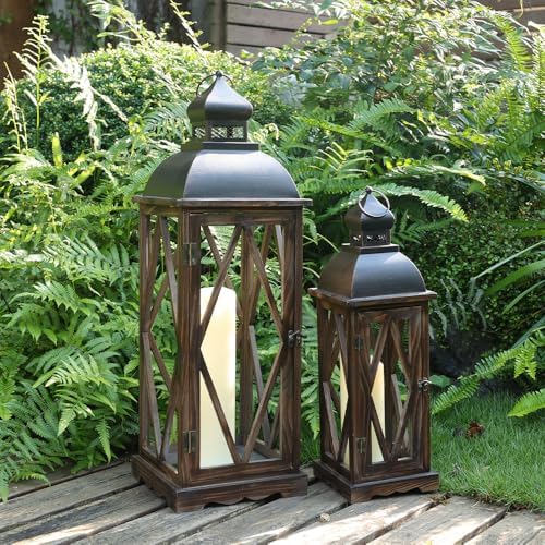 Large Farmhouse Wooden Metal Lantern Set of 2, 30''/22'' H Rustic Decorative Indoor & Outdoor Hanging Candle Lanterns, Wooden Outdoor Lanterns for Patio Front Porch Table, Brown - Image 6