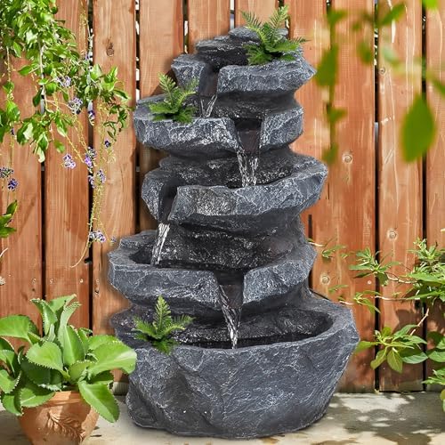 5-Tiered Cascading Rock, 22" High Outdoor Garden Waterfall with LED Lights and Pump, Resin Water Fountain for Garden, Patio, Yard, Deck Decor (22" High 5-Tiers) - Image 6