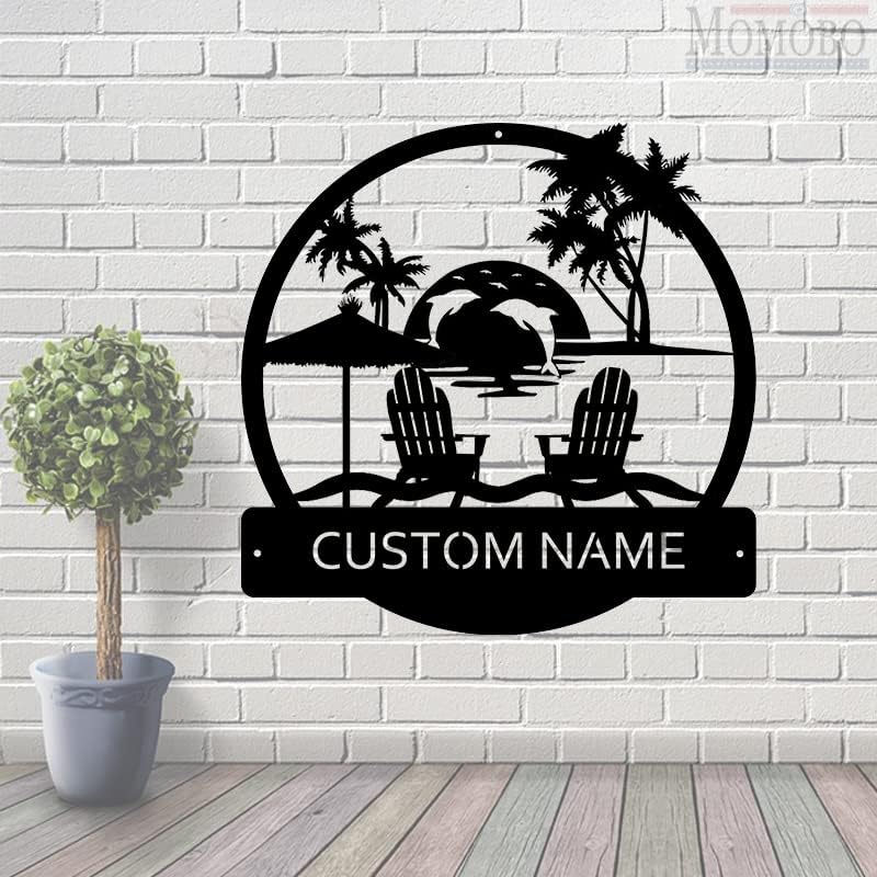 Dolphins Sea Sunset Beach Custom Name Sign Metal Wall Art Personalized Last Name Plaque Outdoor Metal Wall Art Personalized Gift for Wedding/Housewarming - Image 2